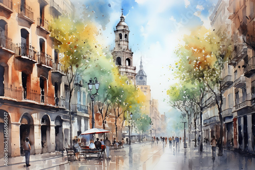 Barcelona Spian in watercolor painting