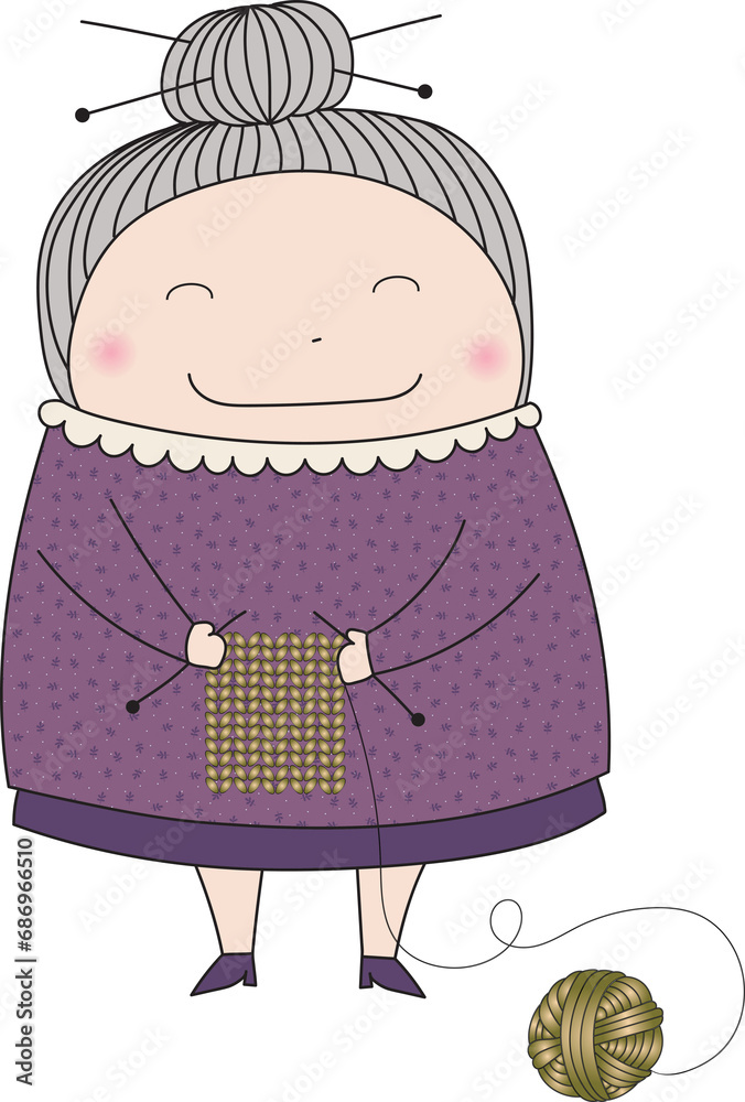 Digital png illustration of cartoon grandmother knitting with yellow ...