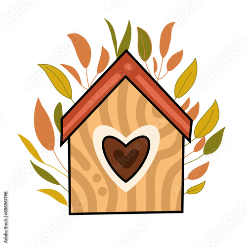 Hand drawn cute bird with house, vector illustration art.