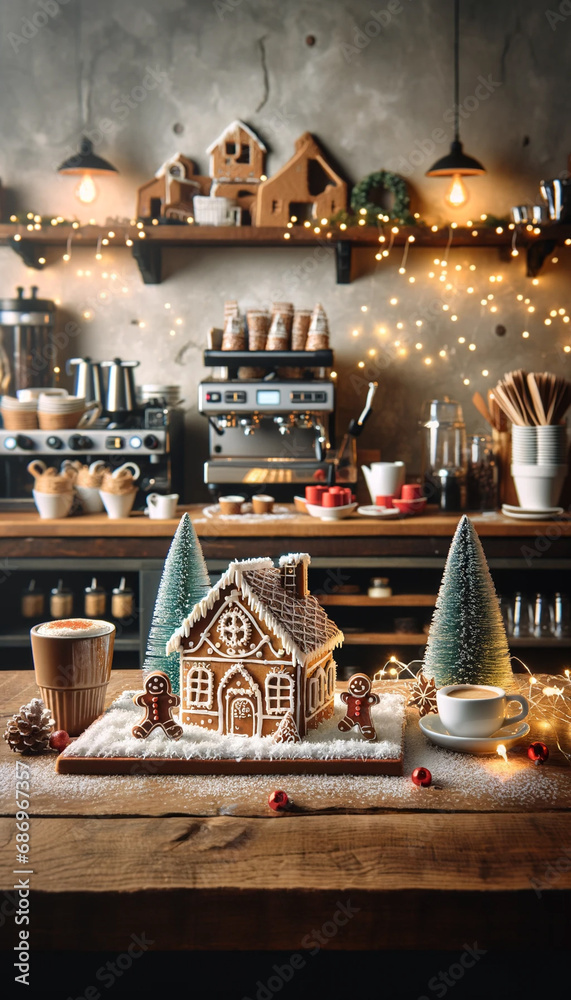 Gingerbread House on Cafe Counter with Christmas Decor, festive coffeeshop Gingerbread House on Cafe Counter with Christmas Decor, festive coffeeshop