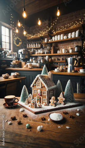 Gingerbread House on Cafe Counter with Christmas Decor, festive coffeeshop