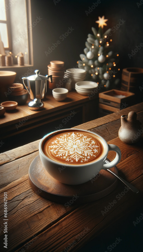 Festive Cappuccino with Snowflake Latte Art Design, Christmas Coffee Festive Cappuccino with Snowflake Latte Art Design, Christmas Coffee