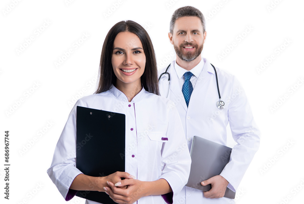 two doctors internist in medicine service. Health insurance. healthcare and medicine. Medicine doctor hold clipboard. medical and healthcare workers in hospital isolated on white - obrazy, fototapety, plakaty 