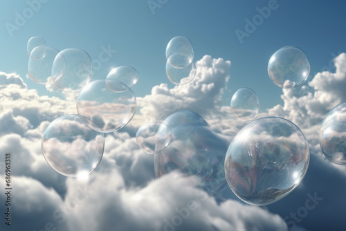 Nature, graphic resources concept. Soap bubbles flying in blue sky between fluffy clouds. Abstract background with copy space