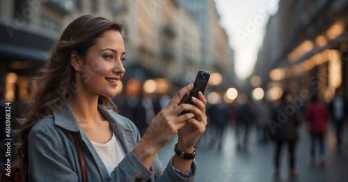 A young and beautiful woman immersed in smartphone use within a city setting, epitomizing modern lifestyle, connectivity, and casual business interactions