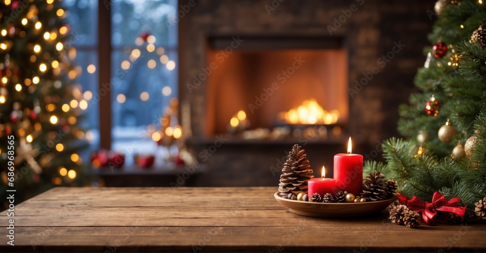 Embrace the holiday spirit with an empty wooden table placed against a backdrop rich in Christmas themes, inviting creativity and warmth for festive occasions