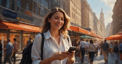 Dynamic cityscape featuring a young woman's cheerful smartphone usage, emblematic of the interconnectedness and casual business practices characterizing modern urban life