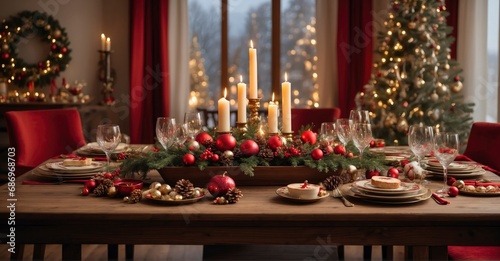  In anticipation of festive gatherings, an unoccupied wooden table stands gracefully against a backdrop adorned with Christmas motifs, signaling the arrival of joyous celebration