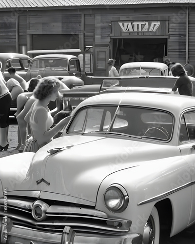 Community Car Wash Circa 1950's, Retro, With Generic Cars And Simulated Film Of The Era