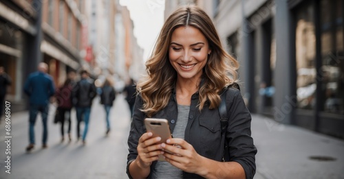 Smiling young woman, exuding beauty, engaged with her smartphone in an urban setting, embodying modern lifestyle and connectivity in a casual business context