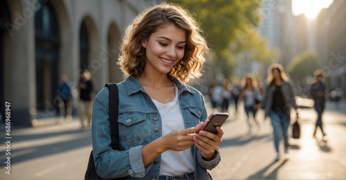 Student girl, radiating youth and beauty, joyfully texting on her mobile phone outdoors in a city symbolizing the contemporary connection and casual business aspects of modern life