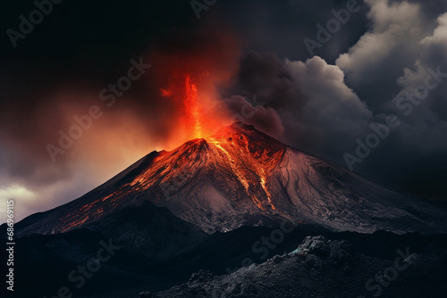 Nature concept. Landscape view of erupting volcano mountain