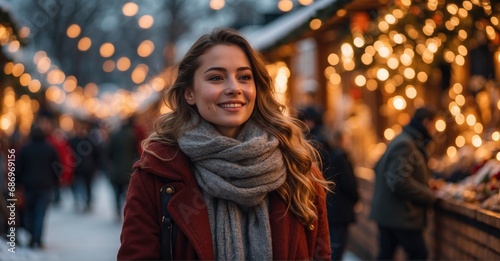 Wrapped in the warmth of festive lights, a young lady enjoys an evening promenade through the Christmas market, captivated by the seasonal charm of winter holidays