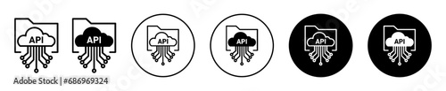 Api icon. computer application api script code or cloud data configuration technology symbol set. app coding  api key use in software development or coder vector line logo