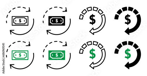 Repayment icon. revert or revise or refund transfer money or dollar fund to finance banking symbol set. convert or repay vector line logo. repayment of money to reverse transfer credit sign