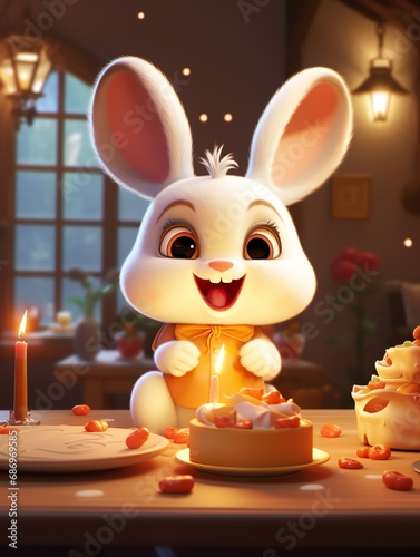 cute rabbit with cake celebrating new year concept