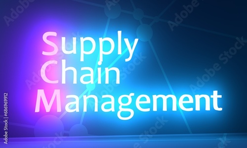 SCM - Supply Chain Management. Aspects of modern company logistics processes. Acronym text concept background. Neon shine text. 3D render