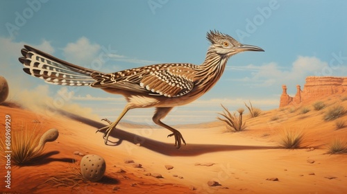 A striking roadrunner sprinting across the arid desert floor, showcasing its incredible speed and agility.