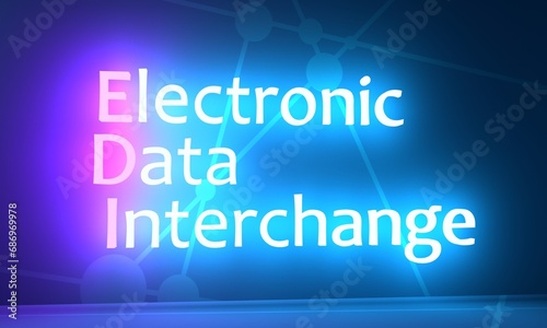 EDI electronic data interchange software system to process paper to paperless paperwork exchange between device. Acronym text concept background. Neon shine text. 3D render