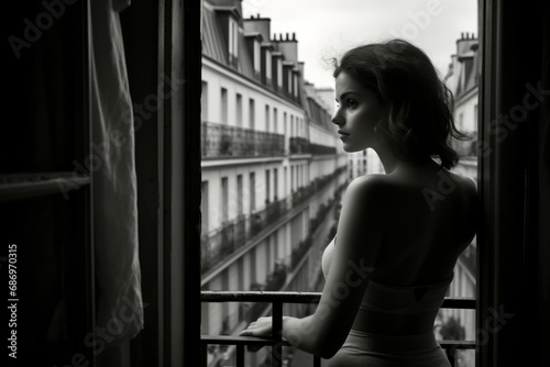 Black and white image of a beautiful sexy Parisian woman looking through the window with blurred Paris city street in background