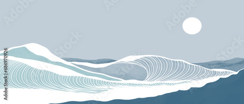 Blue Ocean wave landscape illustrations. Creative minimalist modern line art print. Abstract contemporary aesthetic backgrounds landscapes. with Ocean, sea, skyline, waves and sunrise