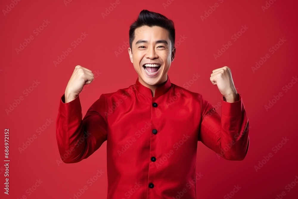 Photo happy chinese new year. handsome asian man gesture of congratulation, one color background, copy space, generative ai Photo happy chinese new year. handsome asian man gesture of congratulation, one color background, copy space, generative ai