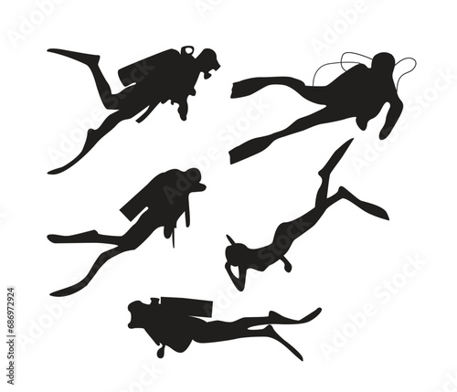 vector hand drawn scuba diver silhouette set