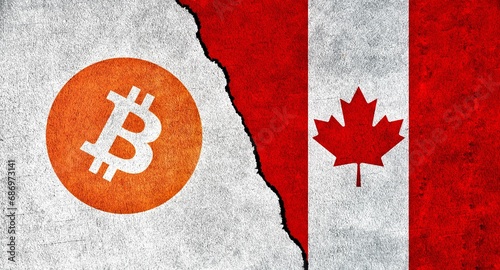 Canada and Bitcoin symbol together. Crypto Currency in Canada. Relations between Bitcoin and Canada photo