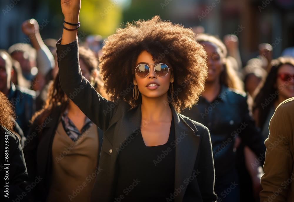 Fototapeta premium Group of women marching on the road in protest for equality and women empowerment, Generative Ai.