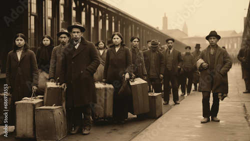 Black and white photo of people waiting in line to immigrate in the early 1900s photo