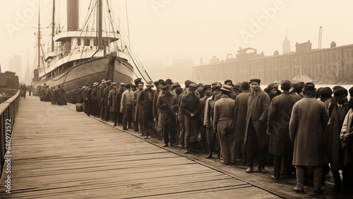 Black and white photo of people waiting in line to immigrate in the early 1900s photo