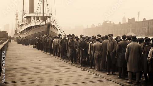 Black and white photo of people waiting in line to immigrate in the early 1900s