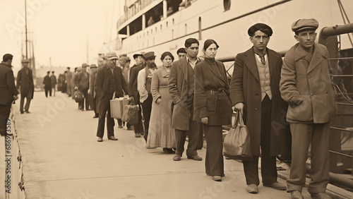 Black and white photo of people waiting in line to immigrate in the early 1900s