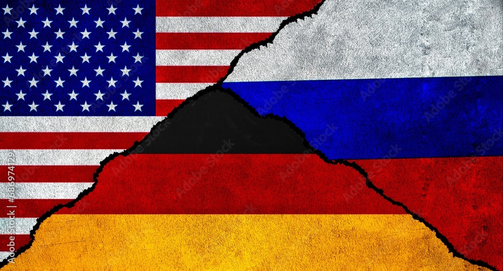 USA, Russia and Germany flag together on a textured wall. Diplomatic relations between Russia, Germany and United States of America