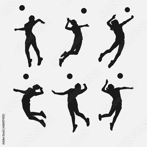 set of female volleyball player silhouettes. athlete doing jump spike. various different pose, gesture. vector illustration.