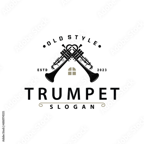 simple brand silhouette design brass musical instrument trumpet, classic jazz trumpet logo