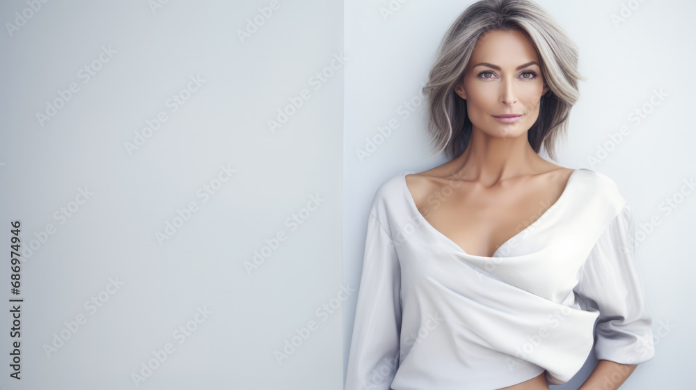 Portrait of a beautiful middle aged woman with copyspace clean background