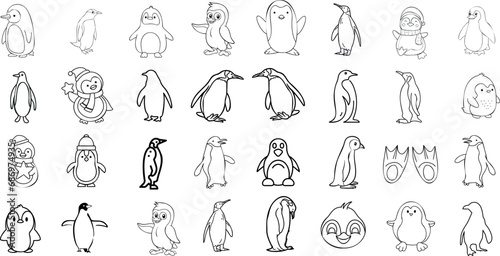 Penguin vector illustration set, perfect for children’s books, greeting cards. Different poses, styles, hand-drawn Penguin line art, sketch, doodle, cute penguins, cartoon animals from Antarctica