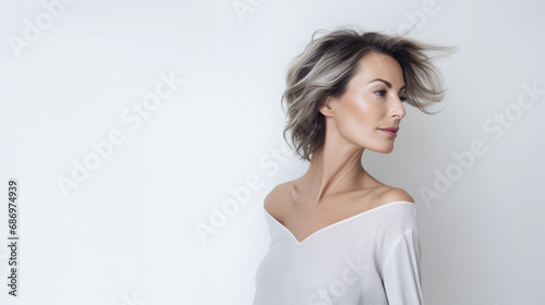 Portrait of a beautiful middle aged woman with copyspace clean background