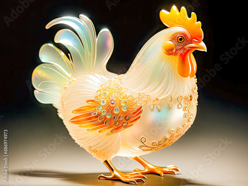Original AI image of a side view of a chicken in its original form on a farm in daytime.