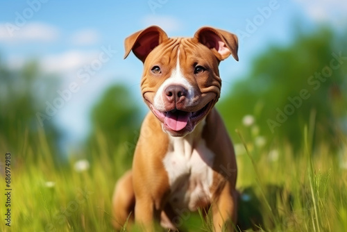 Pitbull Terrier sitting on the grass and smiling