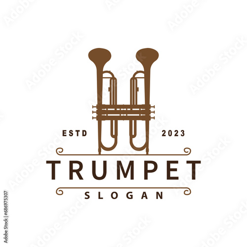 simple brand silhouette design brass musical instrument trumpet, classic jazz trumpet logo