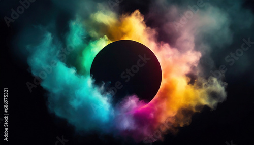 Thick rainbow smoke floating around the black circle plate