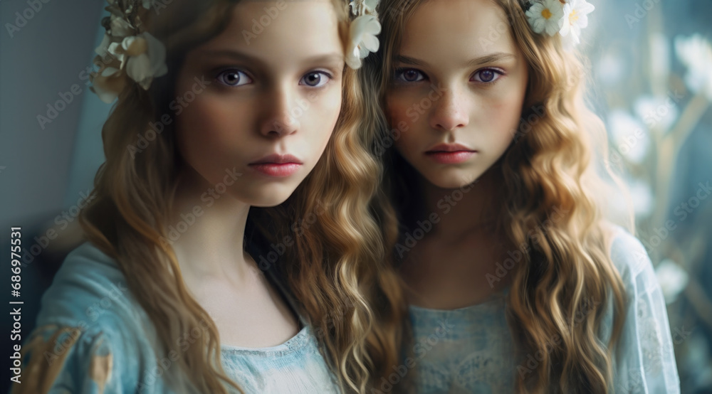 Studio portrait of twin sisters posing. They have flowers in their long light brown hair and are wearing identical blue dresses. Studio portrait of twin sisters posing. They have flowers in their long light brown hair and are wearing identical blue dresses.