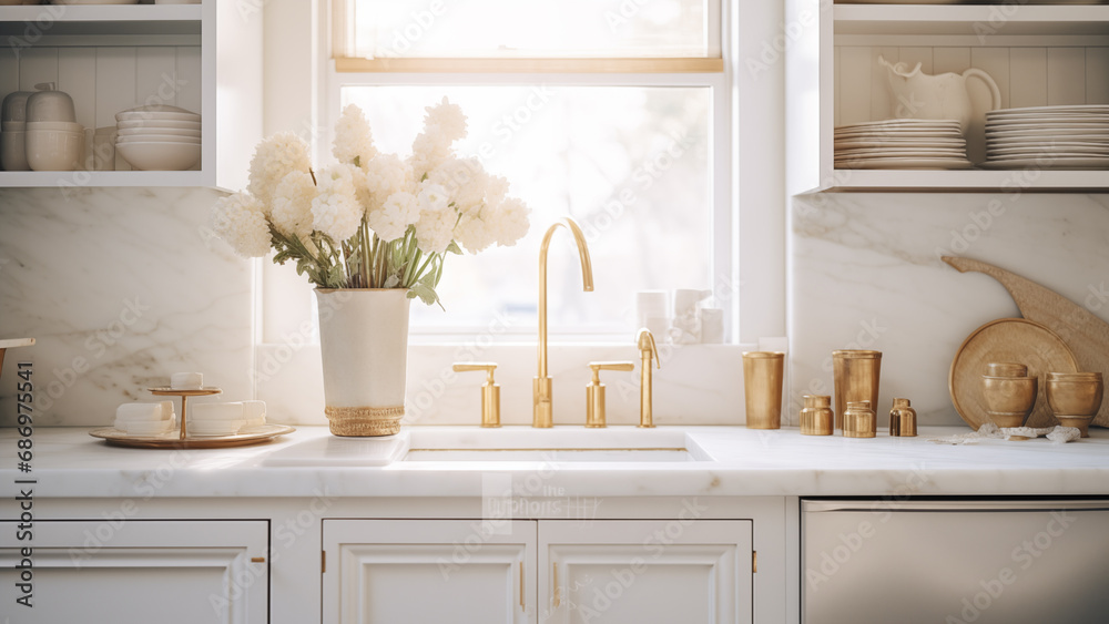 Image photo of a luxurious kitchen designed in gold and white