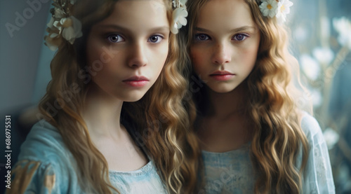 Studio portrait of twin sisters posing. They have flowers in their long light brown hair and are wearing identical blue dresses.