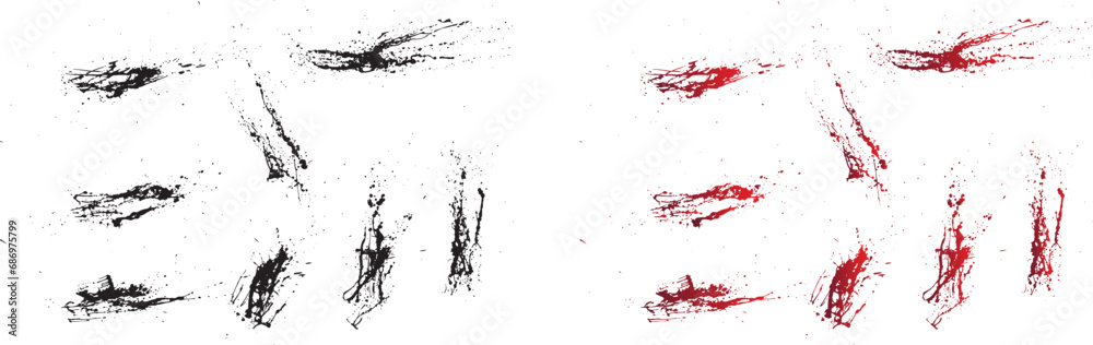 Smudges and drops grunge brush stroke splatter background set