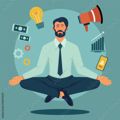 Senior businessman meditating in office vector illustration. Money, lightbulb, megaphone, diagram, smartphone on background. Man with closed eyes in lotus pose thinking of business