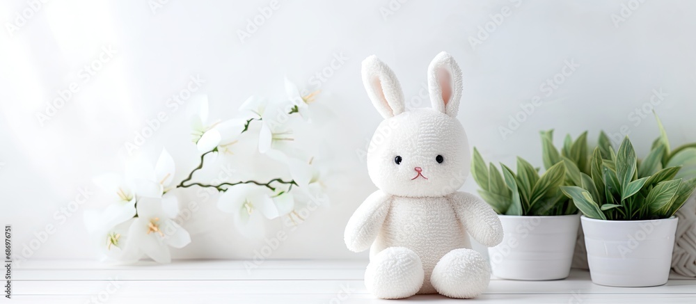 Handmade white Easter bunny textile toy, DIY soft toy for decoration. - obrazy, fototapety, plakaty 