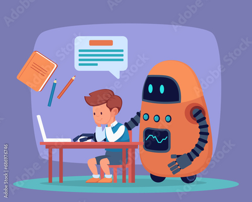 Robot helping boy with school assignment vector illustration. Little boy sitting at desk, educational robot showing him how to solve task using computer. Education, AI concept